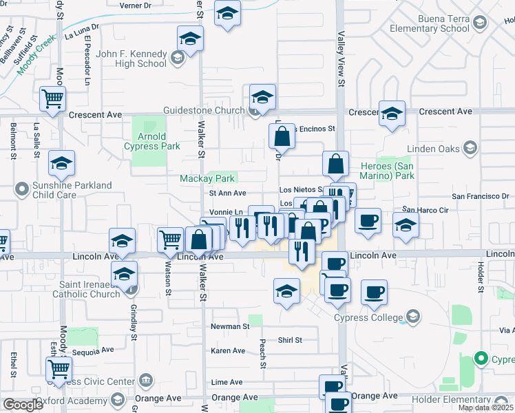 map of restaurants, bars, coffee shops, grocery stores, and more near 5693 Vonnie Lane in Cypress