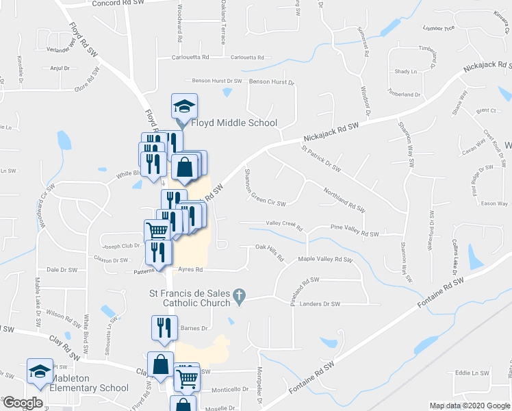 map of restaurants, bars, coffee shops, grocery stores, and more near 513 Shannon Green Circle Southwest in Mableton