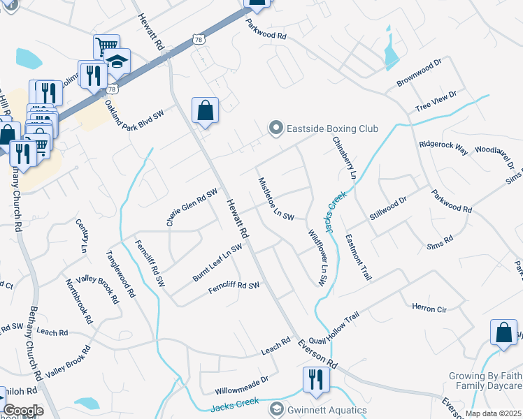 map of restaurants, bars, coffee shops, grocery stores, and more near 2494 Wildflower Lane Southwest in Snellville