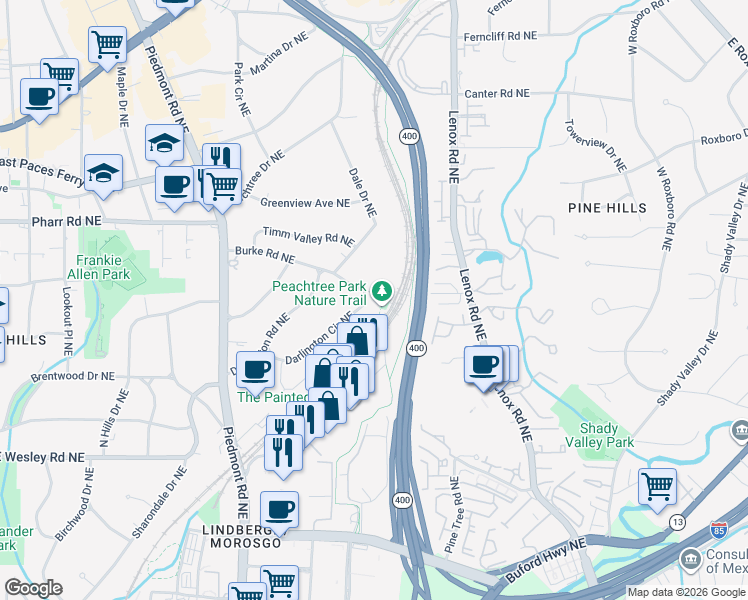 map of restaurants, bars, coffee shops, grocery stores, and more near 753 Darlington Circle Northeast in Atlanta