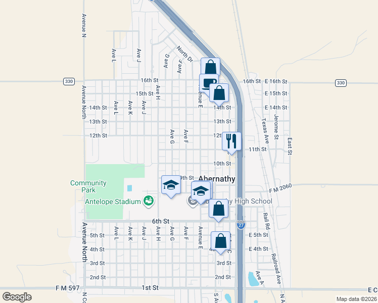 map of restaurants, bars, coffee shops, grocery stores, and more near 1012 Avenue F in Abernathy
