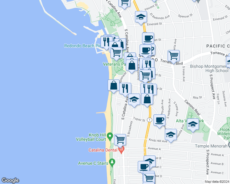 map of restaurants, bars, coffee shops, grocery stores, and more near 575 Esplanade in Redondo Beach