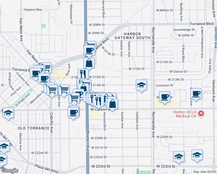 map of restaurants, bars, coffee shops, grocery stores, and more near 1558 West 214th Street in Torrance