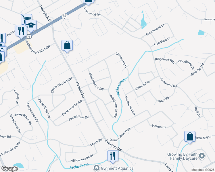 map of restaurants, bars, coffee shops, grocery stores, and more near 2914 Wildflower Lane Southwest in Snellville