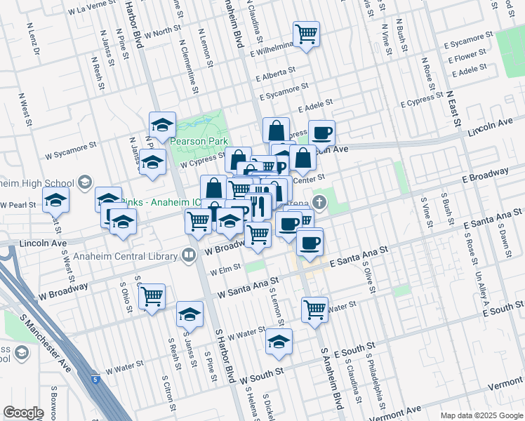 map of restaurants, bars, coffee shops, grocery stores, and more near 201 South Anaheim Boulevard in Anaheim