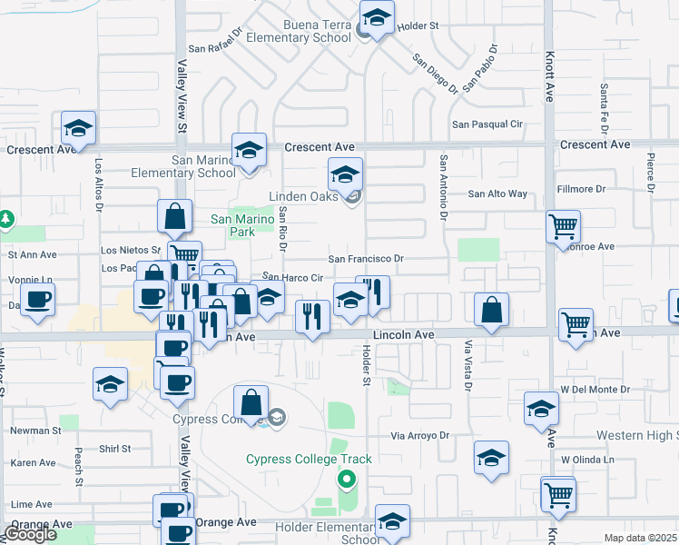 map of restaurants, bars, coffee shops, grocery stores, and more near San Harco Circle in Buena Park