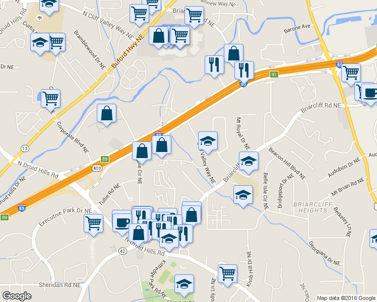 map of restaurants, bars, coffee shops, grocery stores, and more near 1129 Westchester Ridge Northeast in Atlanta