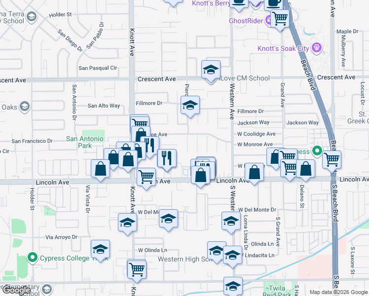 map of restaurants, bars, coffee shops, grocery stores, and more near 8857 Pierce Drive in Buena Park