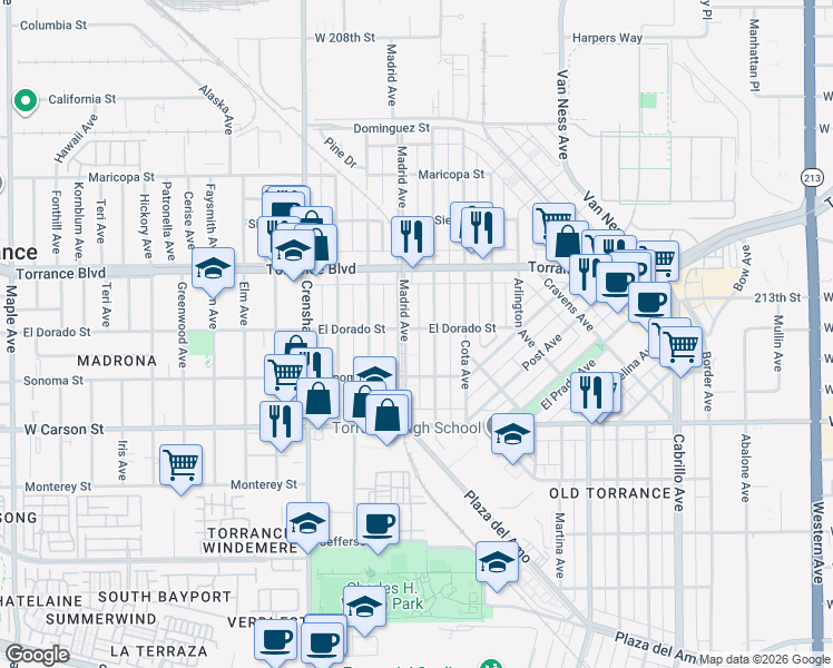 map of restaurants, bars, coffee shops, grocery stores, and more near 2318 El Dorado Street in Torrance