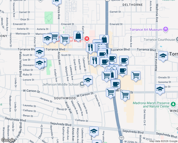 map of restaurants, bars, coffee shops, grocery stores, and more near 21421 Ocean Avenue in Torrance