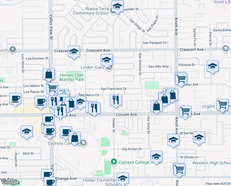 map of restaurants, bars, coffee shops, grocery stores, and more near 6507 San Alano Circle in Buena Park