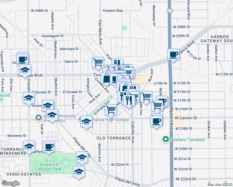 map of restaurants, bars, coffee shops, grocery stores, and more near 1340 El Prado Avenue in Torrance