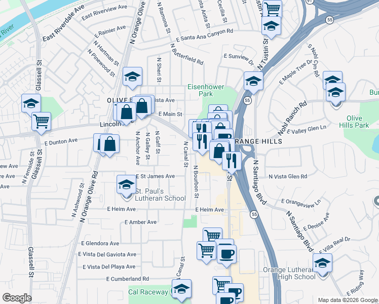map of restaurants, bars, coffee shops, grocery stores, and more near 1403 East Sail Avenue in Orange