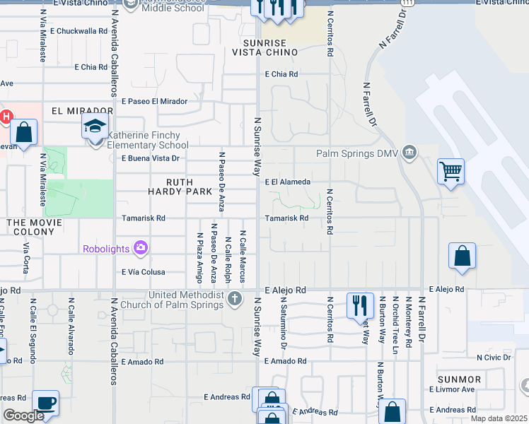 map of restaurants, bars, coffee shops, grocery stores, and more near 1700 Tamarisk Road in Palm Springs