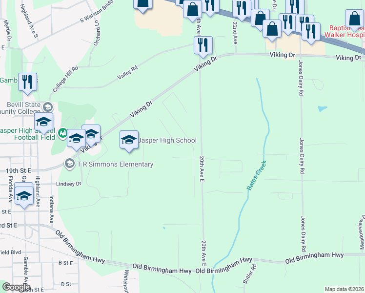 map of restaurants, bars, coffee shops, grocery stores, and more near 20th Avenue East in Jasper