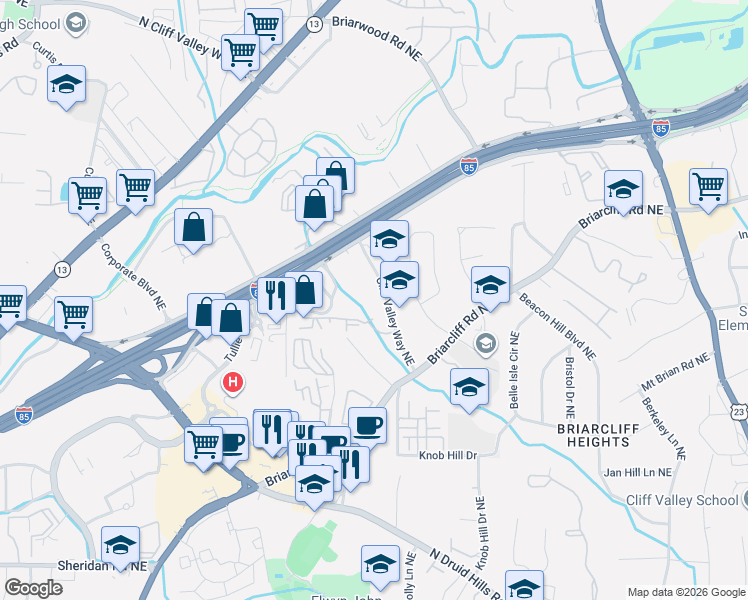 map of restaurants, bars, coffee shops, grocery stores, and more near 1129 Westchester Ridge Northeast in Atlanta