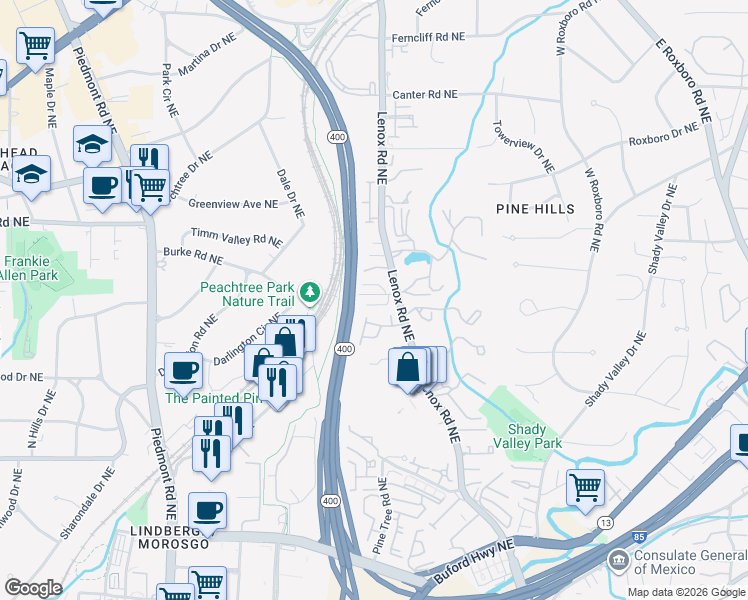 map of restaurants, bars, coffee shops, grocery stores, and more near 2914 Lenox Road Northeast in Atlanta