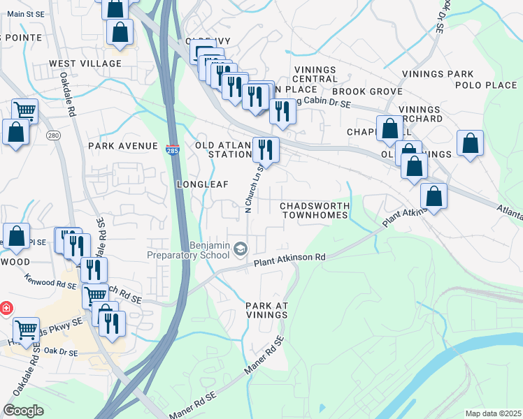 map of restaurants, bars, coffee shops, grocery stores, and more near 4833 Payson Place in Atlanta