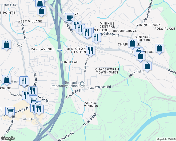 map of restaurants, bars, coffee shops, grocery stores, and more near 4839 Payson Place in Smyrna