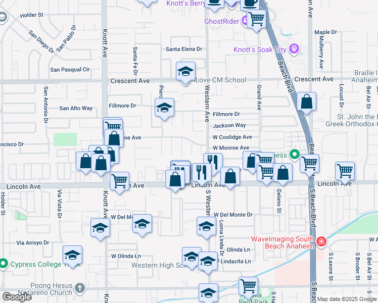 map of restaurants, bars, coffee shops, grocery stores, and more near 8868 Garfield Circle in Buena Park