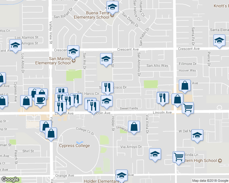 map of restaurants, bars, coffee shops, grocery stores, and more near 6507 San Alano Circle in Buena Park