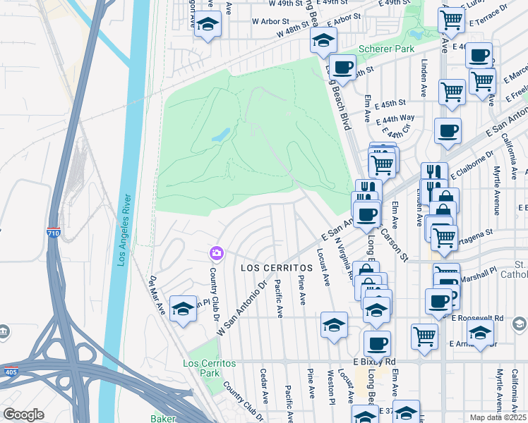 map of restaurants, bars, coffee shops, grocery stores, and more near 4260 North Country Club Drive in Long Beach