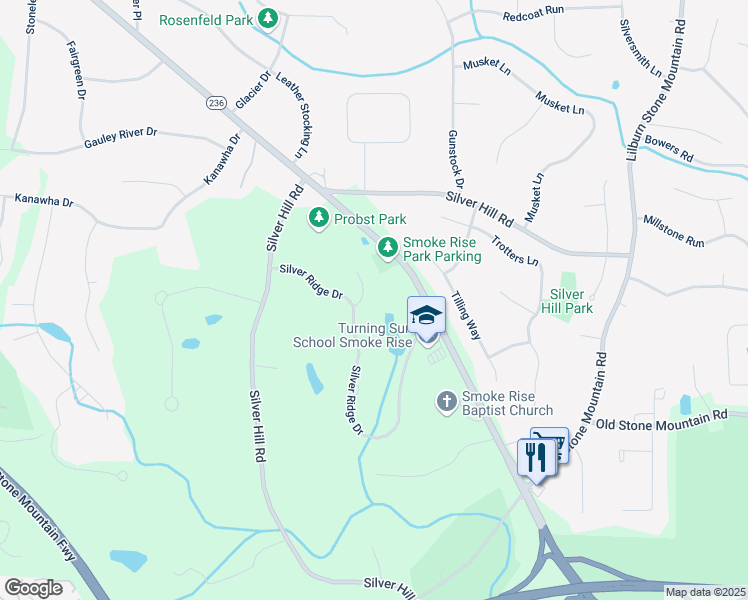map of restaurants, bars, coffee shops, grocery stores, and more near 1809 Silver Ridge Court in Stone Mountain