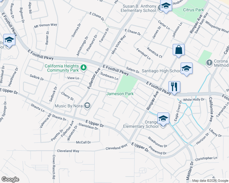 map of restaurants, bars, coffee shops, grocery stores, and more near 1107 Vintage Circle in Corona