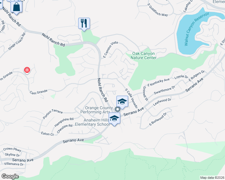 map of restaurants, bars, coffee shops, grocery stores, and more near 6540 East Paseo Diego in Anaheim