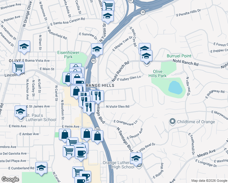 map of restaurants, bars, coffee shops, grocery stores, and more near 2717 North Vista Circle in Orange