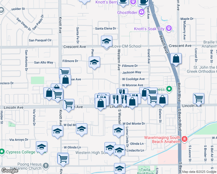 map of restaurants, bars, coffee shops, grocery stores, and more near 8868 Garfield Circle in Buena Park