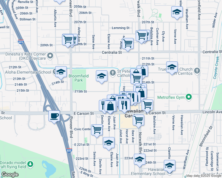 map of restaurants, bars, coffee shops, grocery stores, and more near 21502 Juan Avenue in Hawaiian Gardens