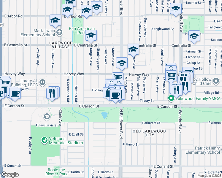 map of restaurants, bars, coffee shops, grocery stores, and more near 4205 Montair Avenue in Long Beach