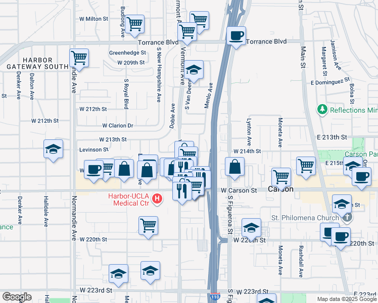 map of restaurants, bars, coffee shops, grocery stores, and more near in West Carson