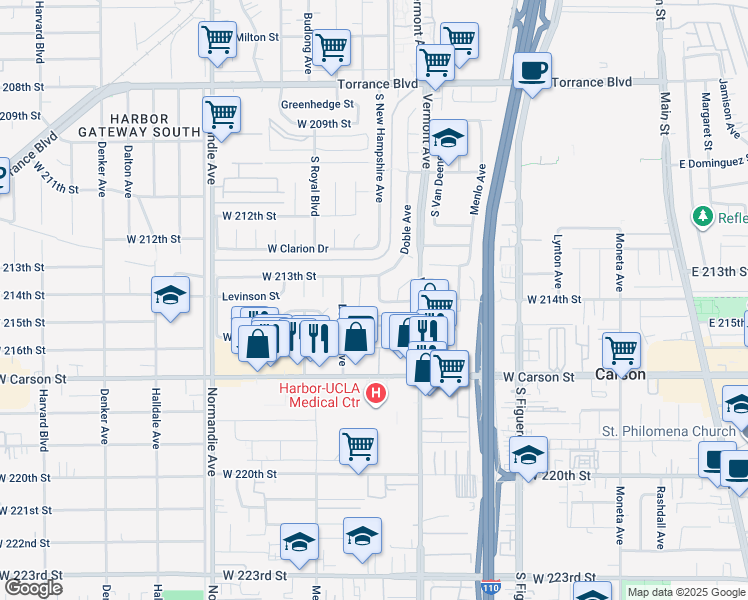 map of restaurants, bars, coffee shops, grocery stores, and more near 21409 Broadwell Avenue in Torrance
