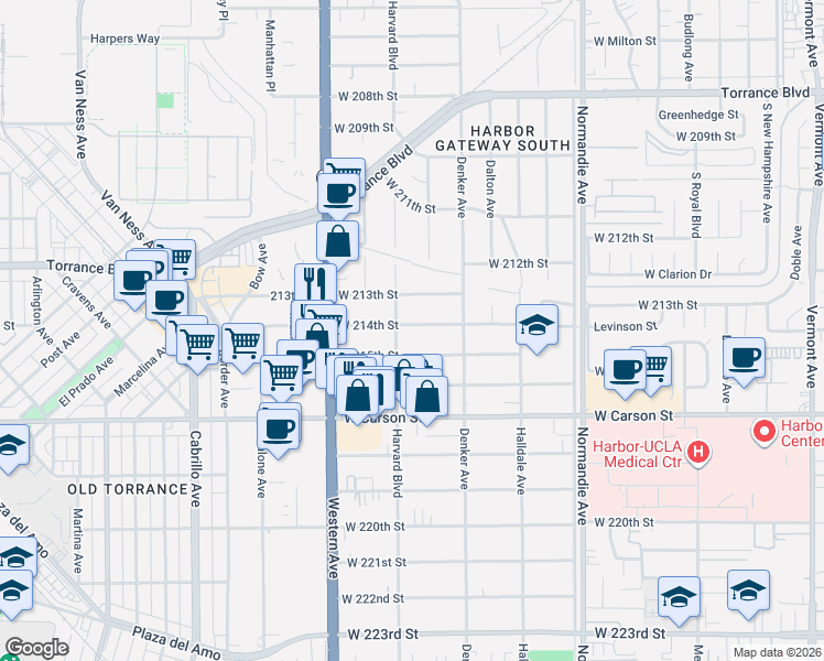 map of restaurants, bars, coffee shops, grocery stores, and more near 21403 Harvard Boulevard in Torrance