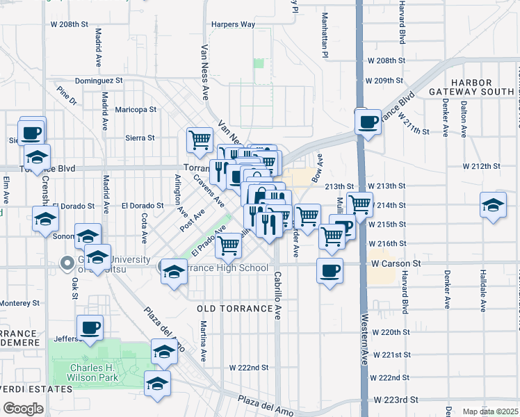map of restaurants, bars, coffee shops, grocery stores, and more near 1417 Marcelina Avenue in Torrance