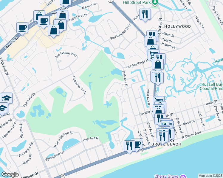 map of restaurants, bars, coffee shops, grocery stores, and more near 44B 20th Avenue North in North Myrtle Beach