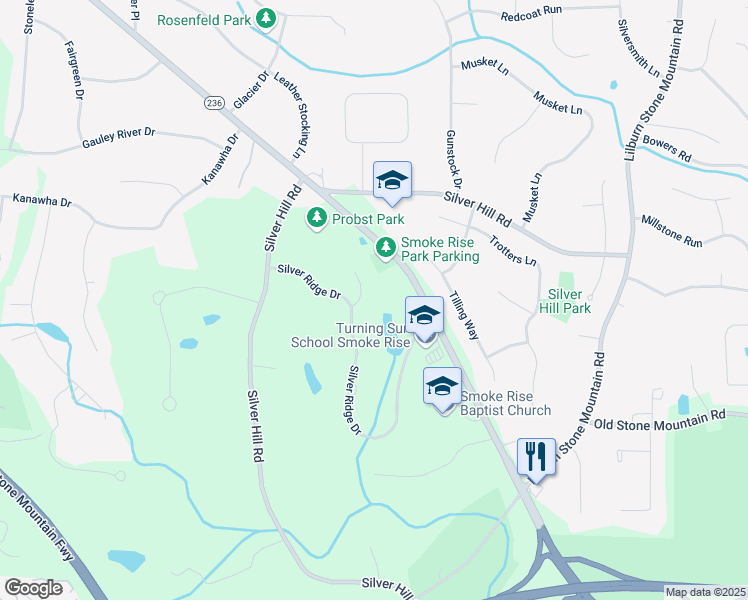 map of restaurants, bars, coffee shops, grocery stores, and more near 1809 Silver Ridge Court in Stone Mountain