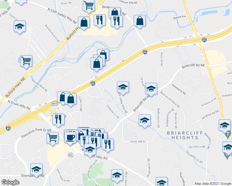 map of restaurants, bars, coffee shops, grocery stores, and more near 1214 Westchester Ridge Northeast in Atlanta