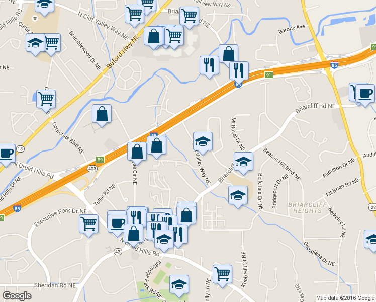 map of restaurants, bars, coffee shops, grocery stores, and more near 1129 Westchester Ridge Northeast in Atlanta