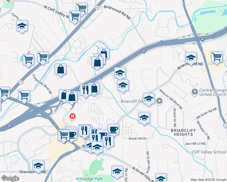 map of restaurants, bars, coffee shops, grocery stores, and more near 1129 Westchester Ridge Northeast in Atlanta