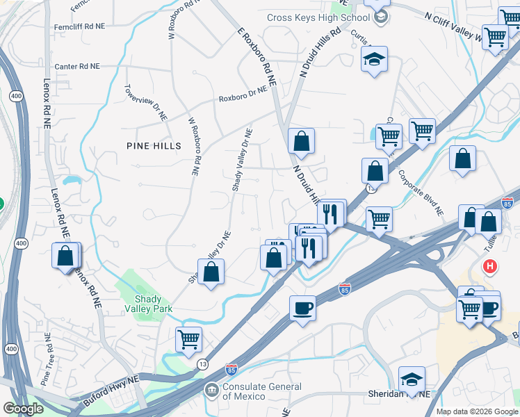 map of restaurants, bars, coffee shops, grocery stores, and more near 1773 Buckhead Lane Northeast in Atlanta