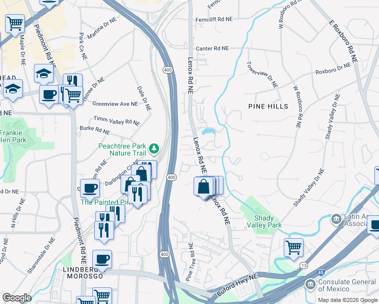 map of restaurants, bars, coffee shops, grocery stores, and more near 2914 Lenox Road Northeast in Atlanta