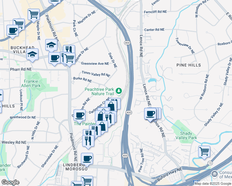 map of restaurants, bars, coffee shops, grocery stores, and more near 753 Darlington Circle Northeast in Atlanta