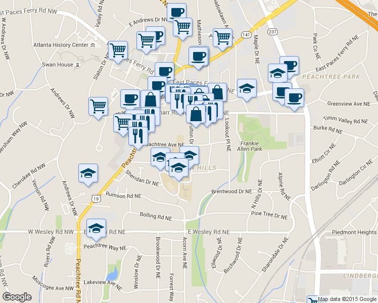 map of restaurants, bars, coffee shops, grocery stores, and more near 43 Peachtree Avenue Northeast in Atlanta