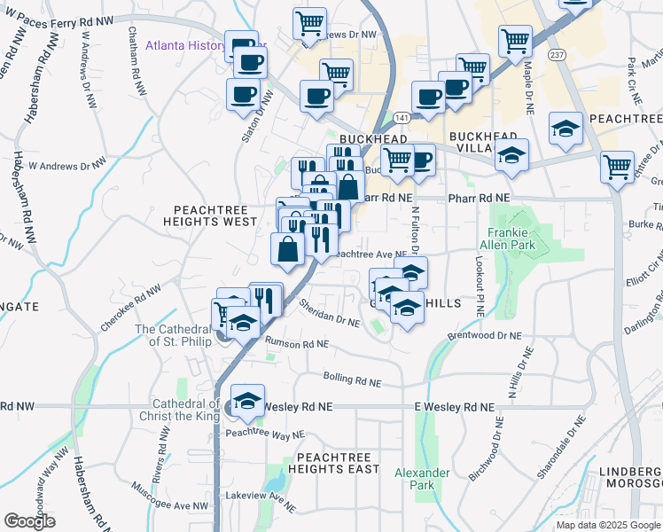 map of restaurants, bars, coffee shops, grocery stores, and more near 2893 Peachtree Street Northeast in Atlanta