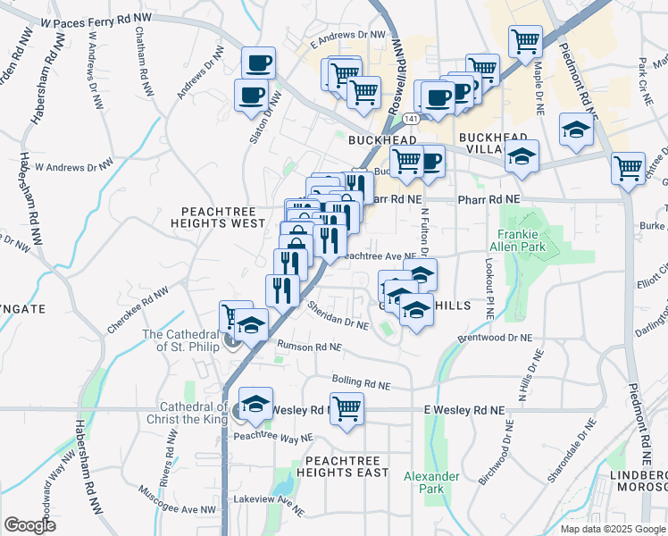 map of restaurants, bars, coffee shops, grocery stores, and more near 2893 Peachtree Street Northeast in Atlanta