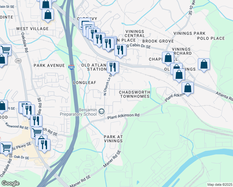 map of restaurants, bars, coffee shops, grocery stores, and more near 4833 Payson Place in Atlanta