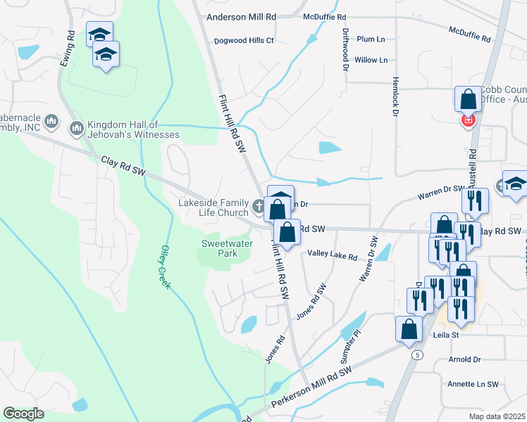 map of restaurants, bars, coffee shops, grocery stores, and more near 2450 Flint Hill Road Southwest in Austell
